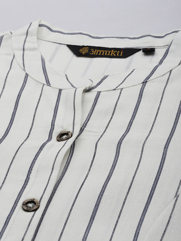 White & Blue Striped A-Line Kurta with a pocket 