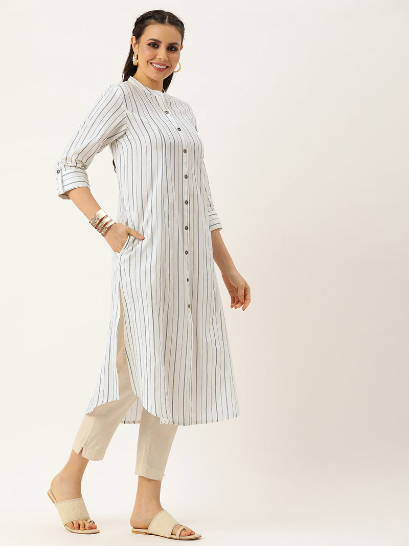 White & Black Striped A-Line Kurta