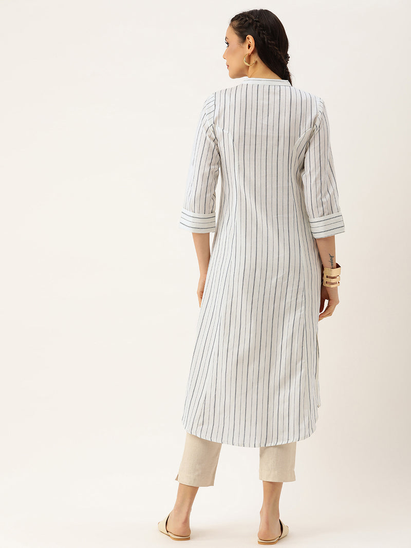 White & Black Striped A-Line Kurta