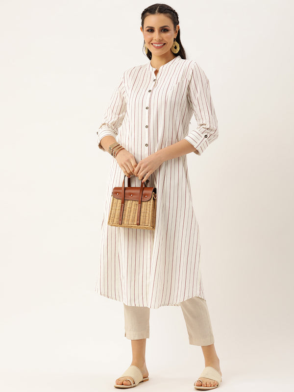 White & Red Striped A-Line Kurta with a pocket 