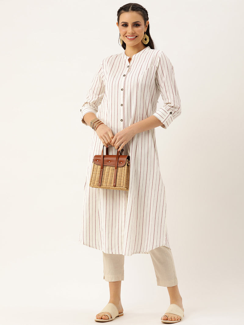 White & Red Striped A-Line Kurta