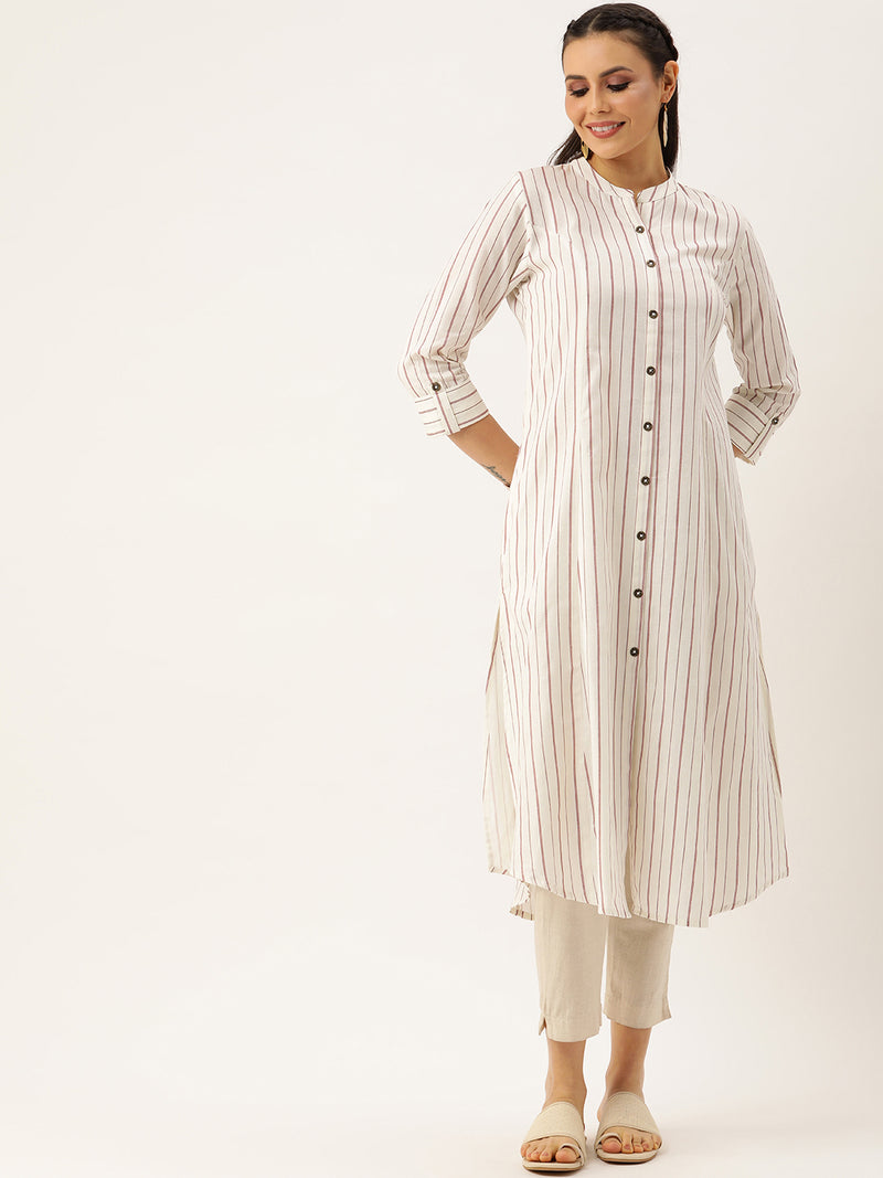 White & Red Striped A-Line Kurta