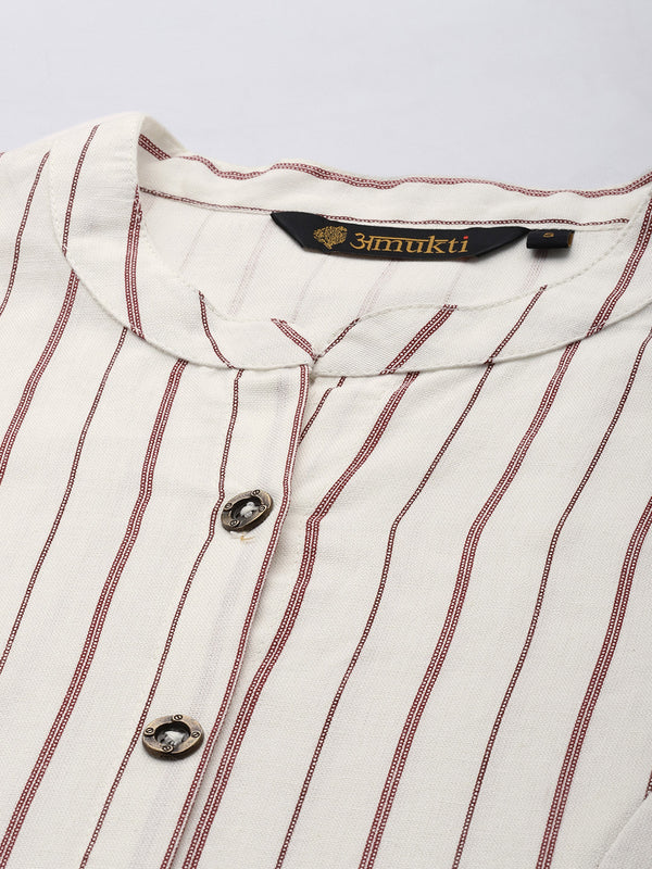 White & Red Striped A-Line Kurta