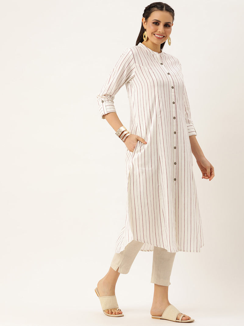 White & Red Striped A-Line Kurta