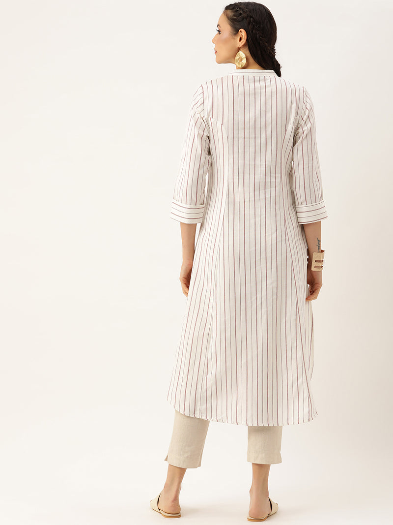 White & Red Striped A-Line Kurta