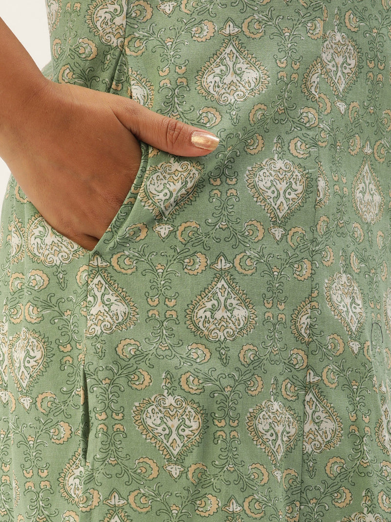 Green Ethnic Motifs Printed A-Line Kurta