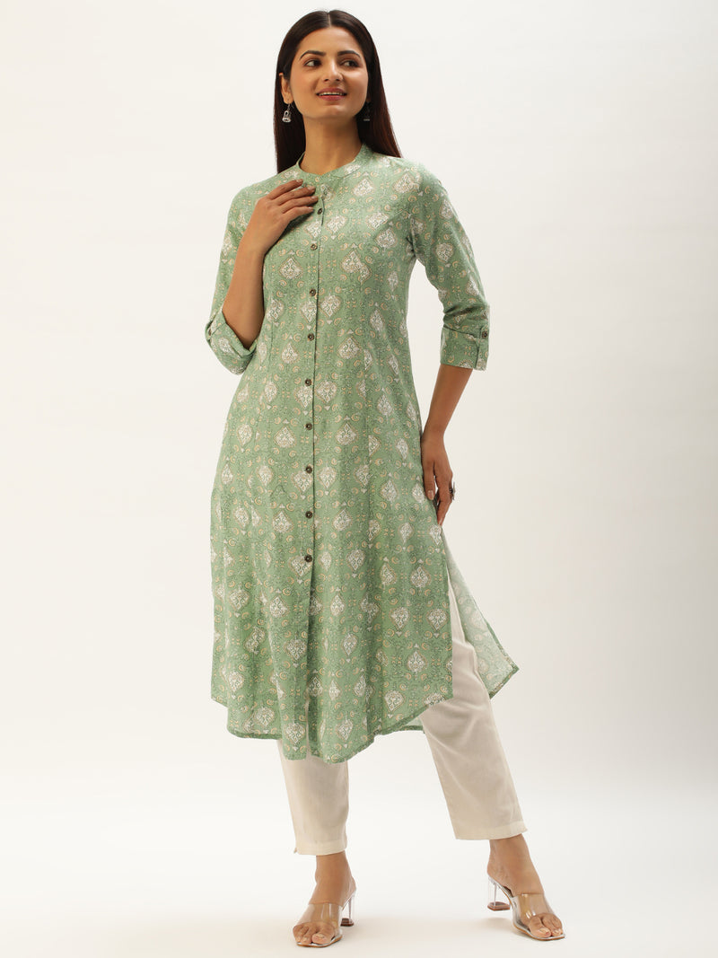Green Ethnic Motifs Printed A-Line Kurta