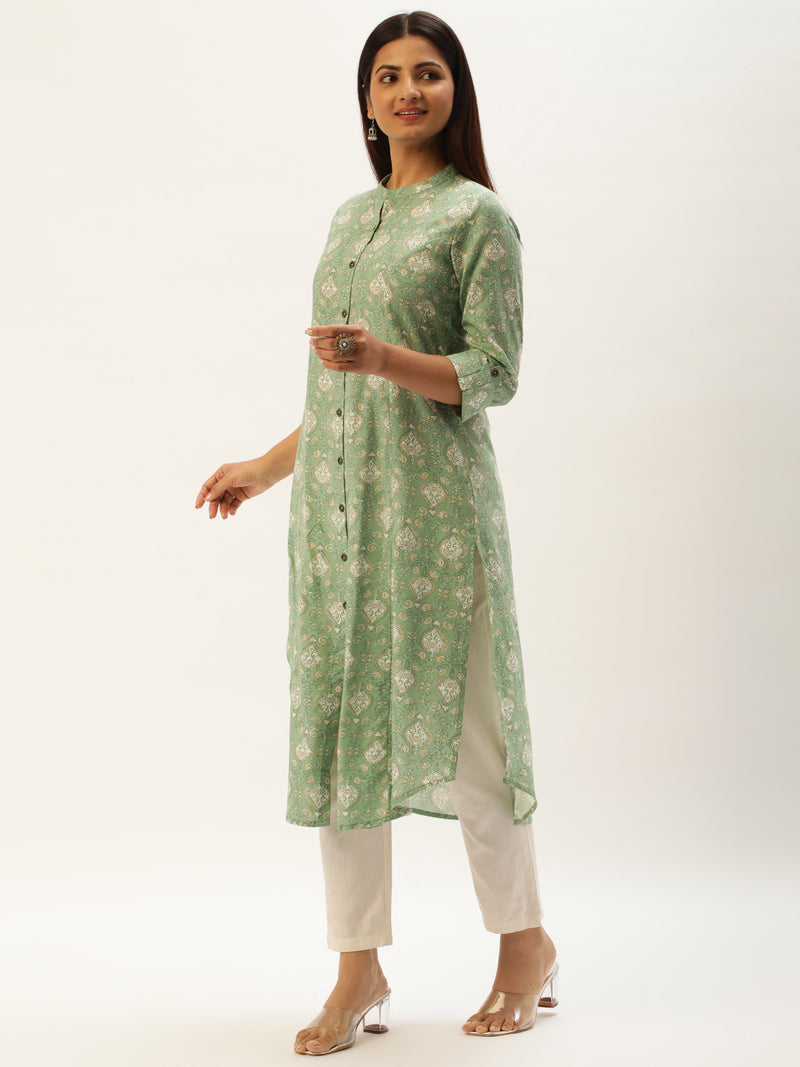 Green Ethnic Motifs Printed A-Line Kurta