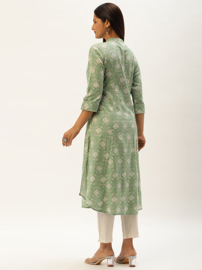 Green Ethnic Motifs Printed A-Line Kurta