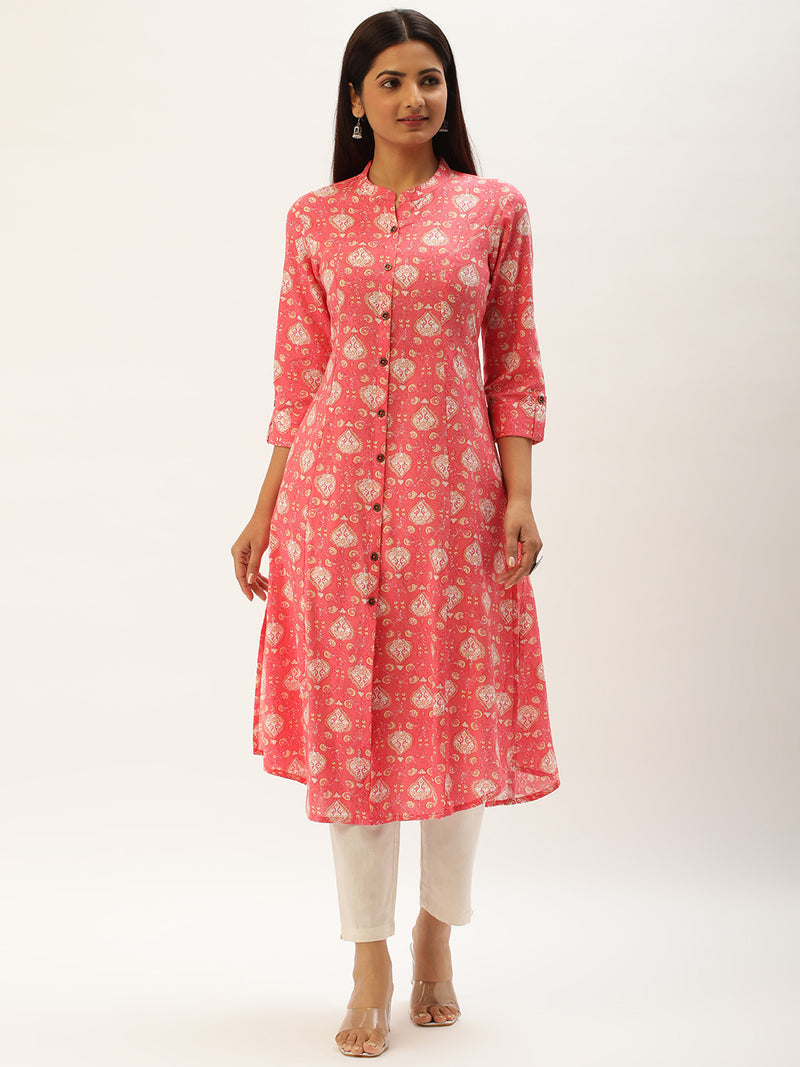 Pink Ethnic Motifs Printed A-Line Kurta