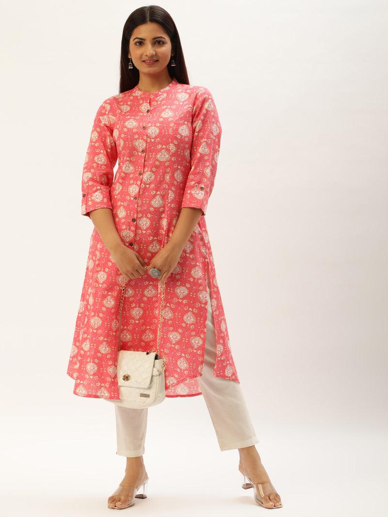 Pink Ethnic Motifs Printed A-Line Kurta