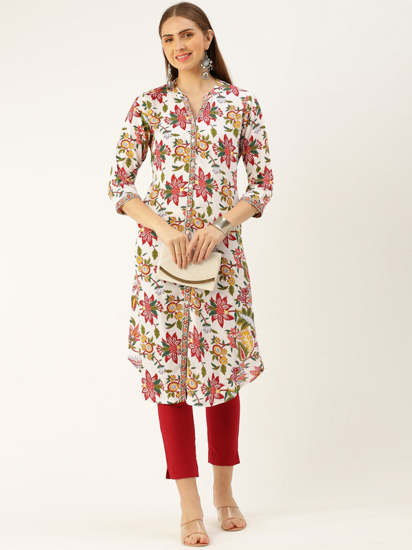 White & Multi Floral Printed Kurta with a pocket 