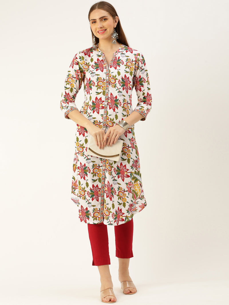 White & Multi Floral Printed Kurta