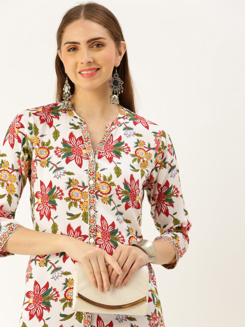 White & Multi Floral Printed Kurta