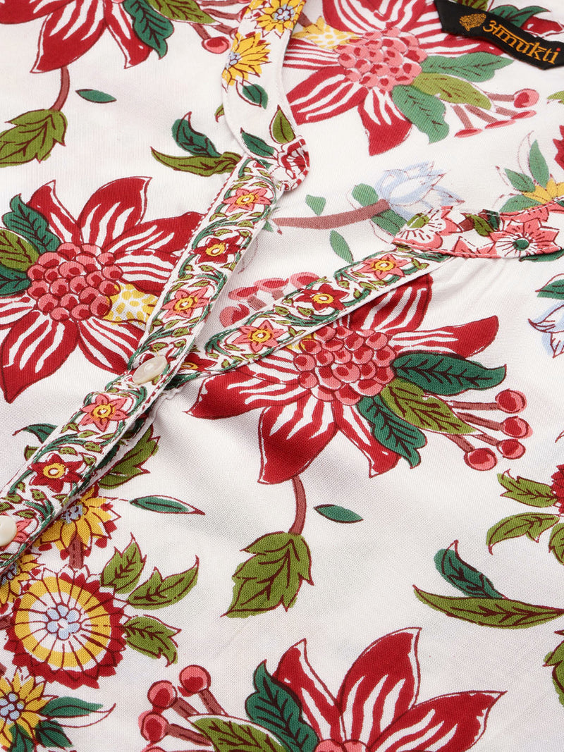 White & Multi Floral Printed Kurta