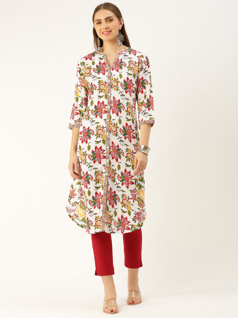 White & Multi Floral Printed Kurta