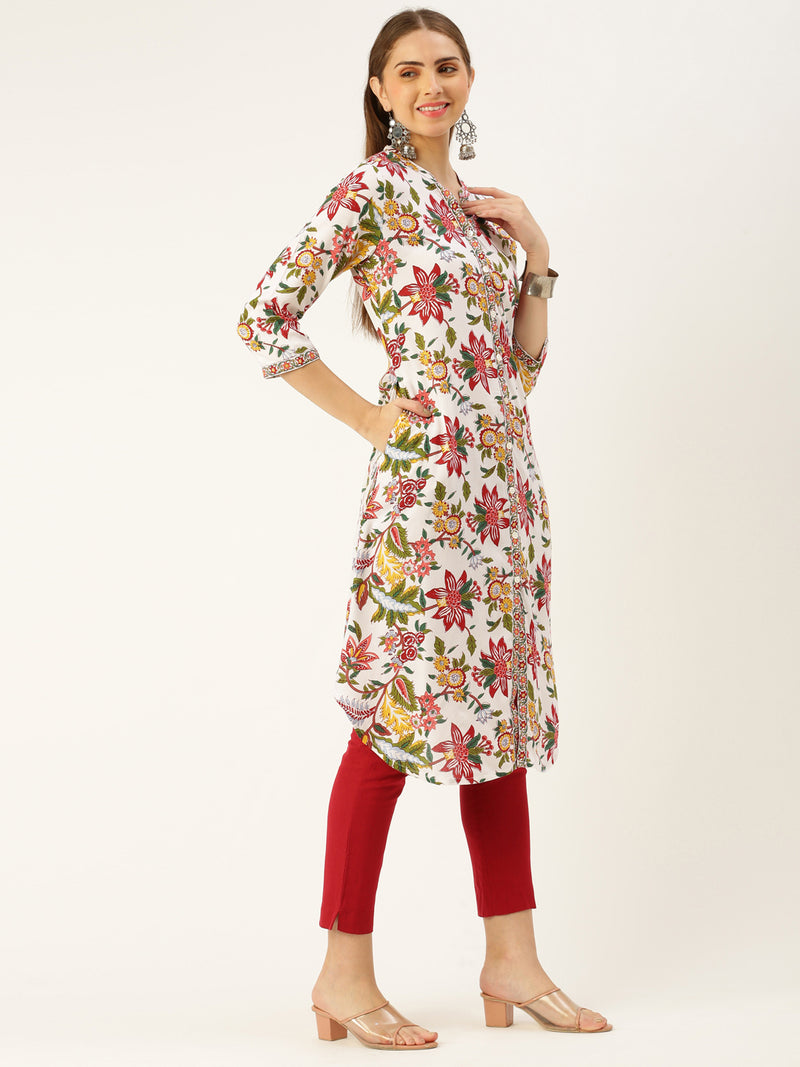 White & Multi Floral Printed Kurta