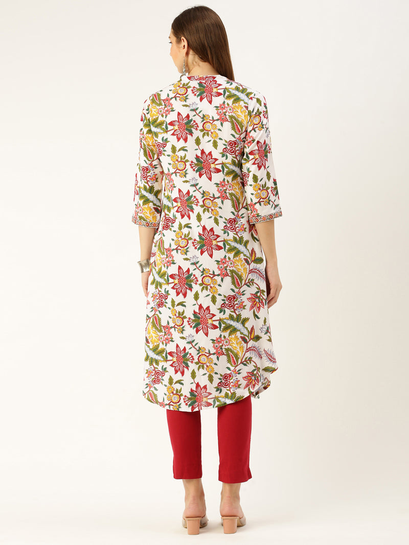 White & Multi Floral Printed Kurta