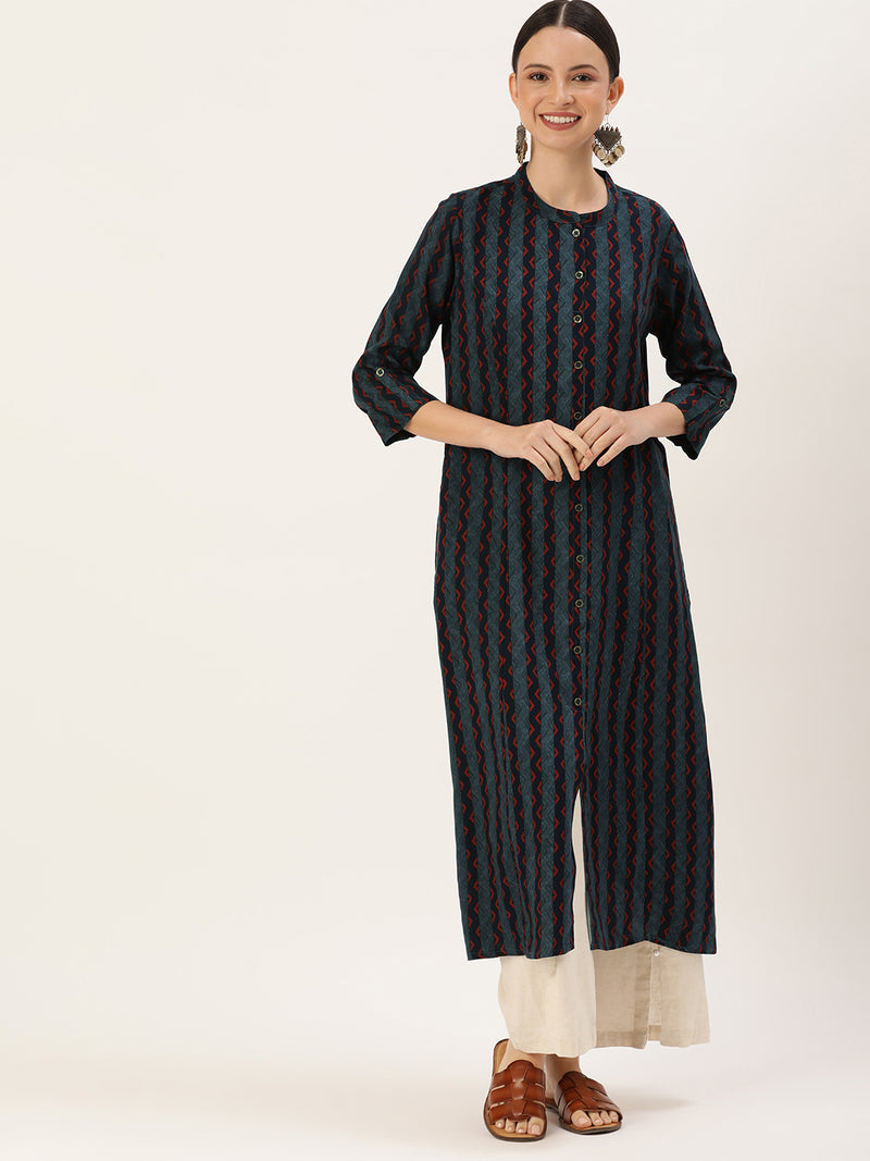 Blue Chevron Printed Band Collar Kurta