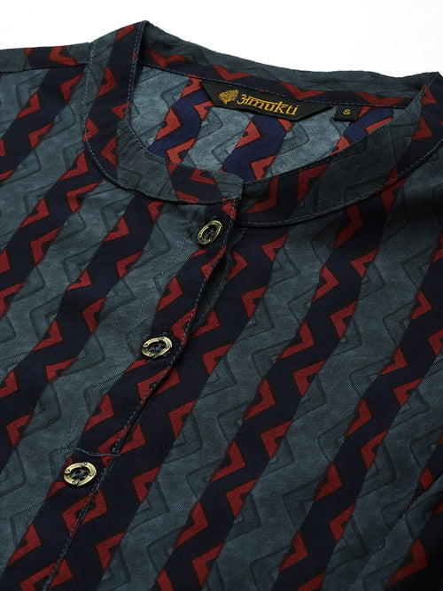 Blue Chevron Printed Band Collar Kurta