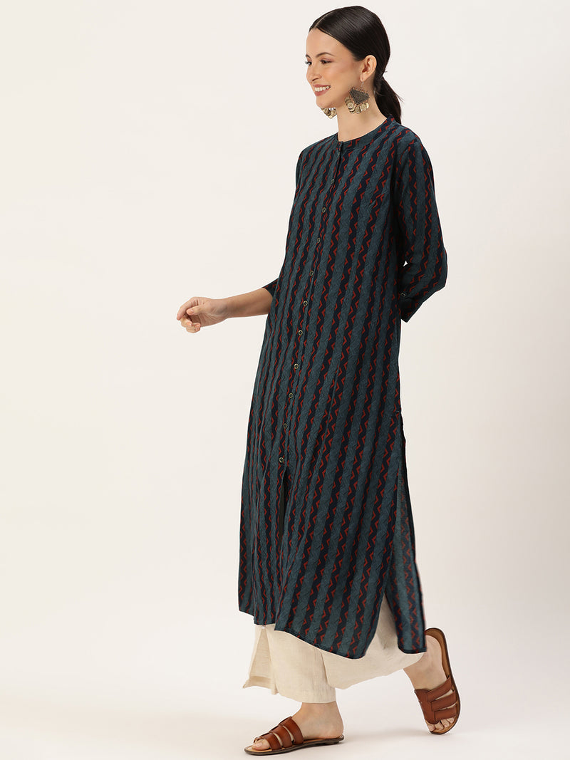 Blue Chevron Printed Band Collar Kurta