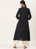 Blue Chevron Printed Band Collar Kurta