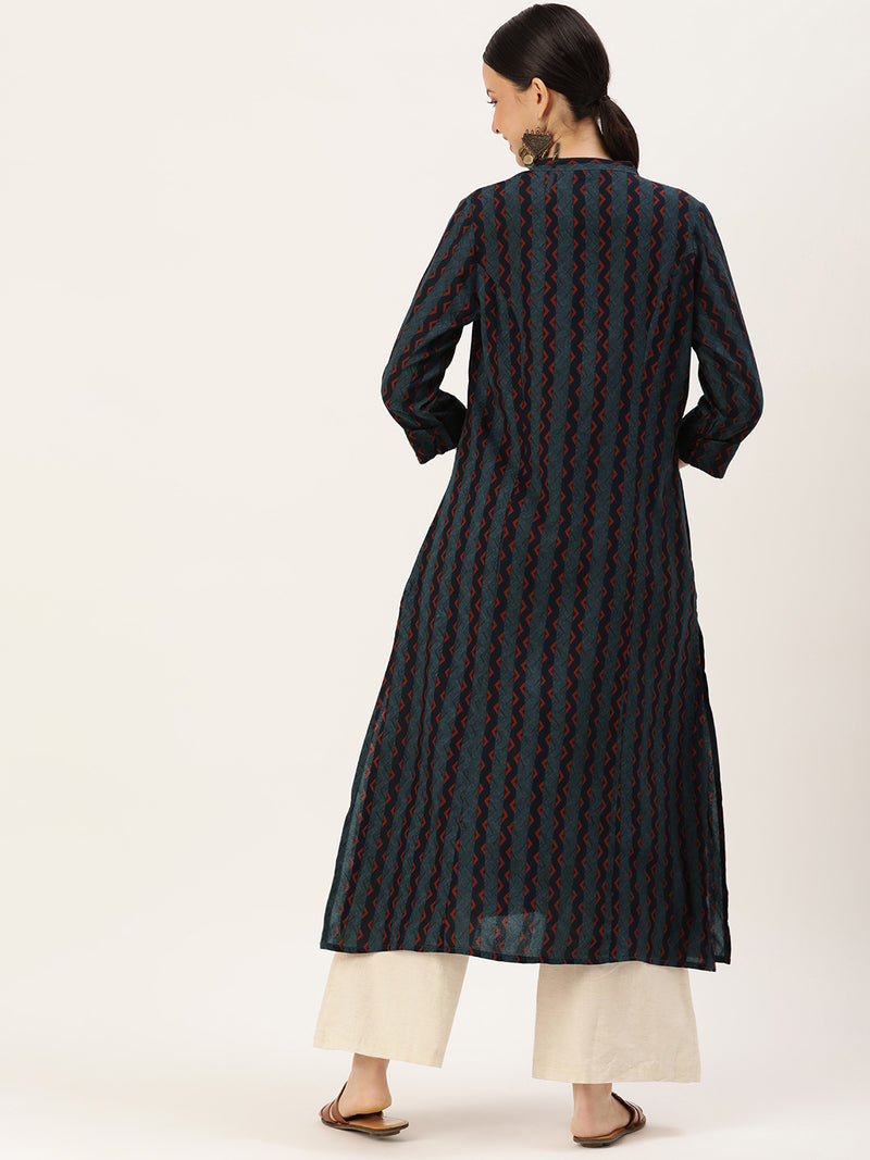 Blue Chevron Printed Band Collar Kurta