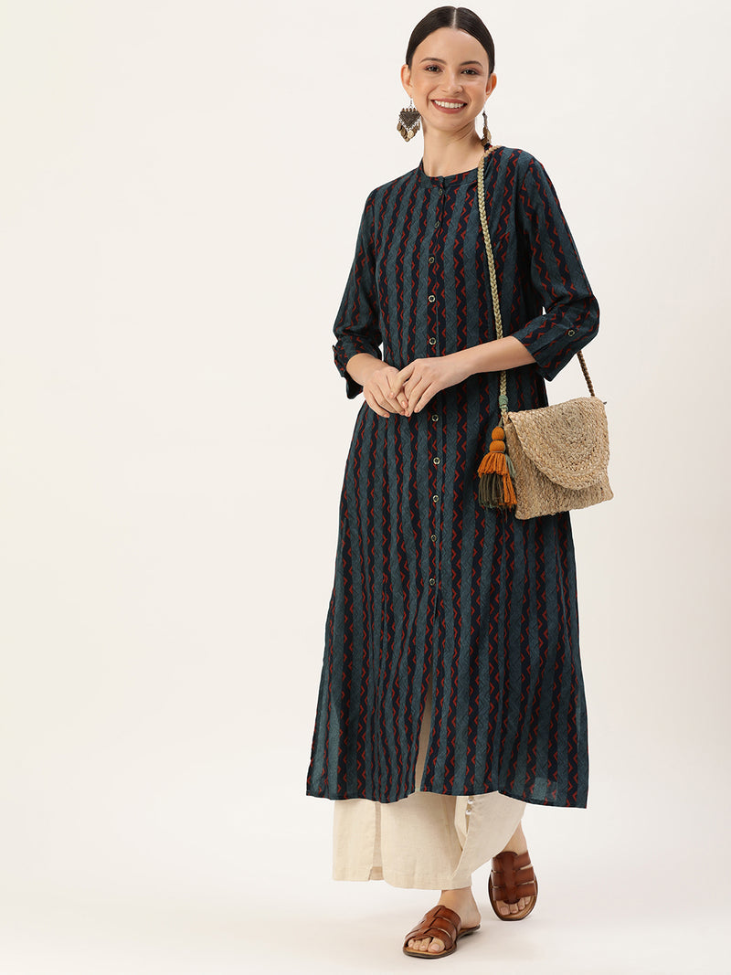 Blue Chevron Printed Band Collar Kurta