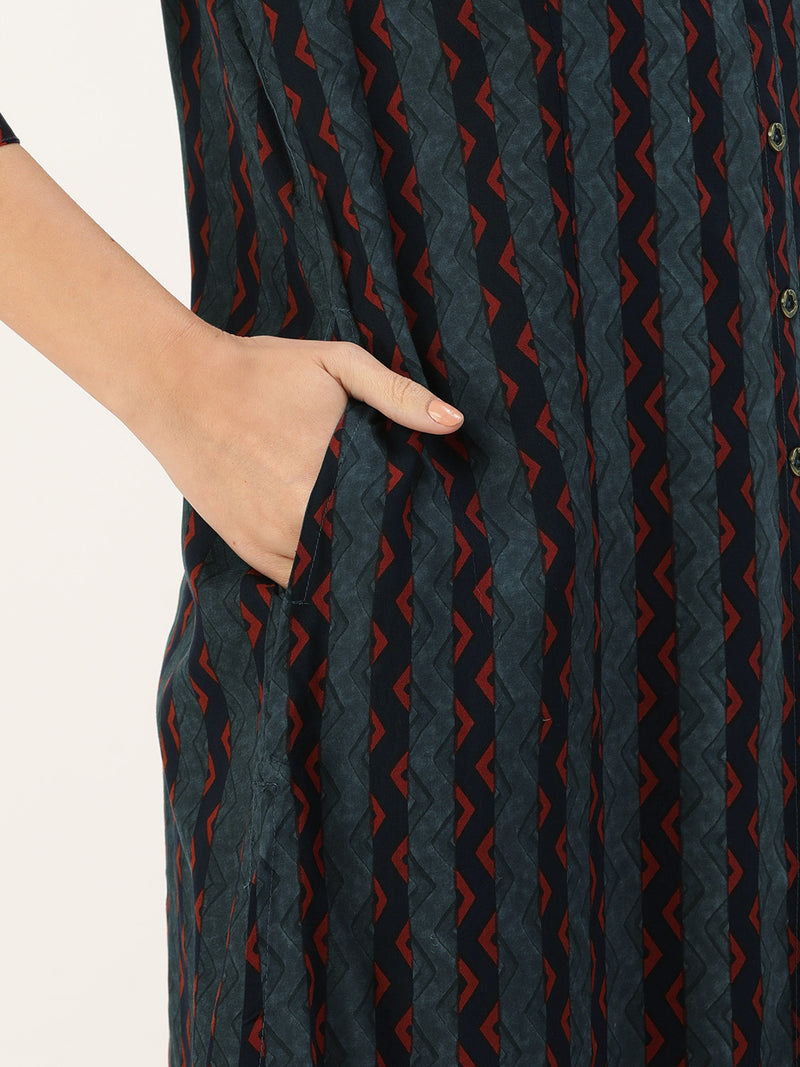 Blue Chevron Printed Band Collar Kurta