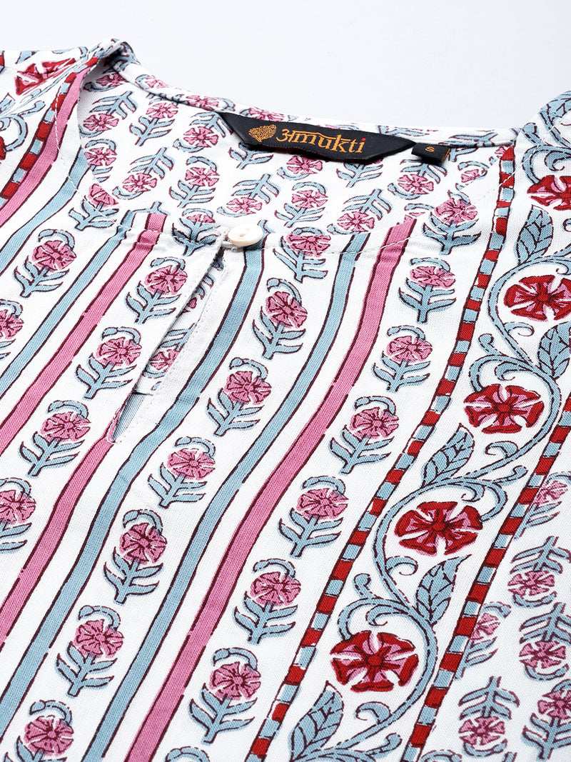 White & Pink Floral Printed Straight Kurta