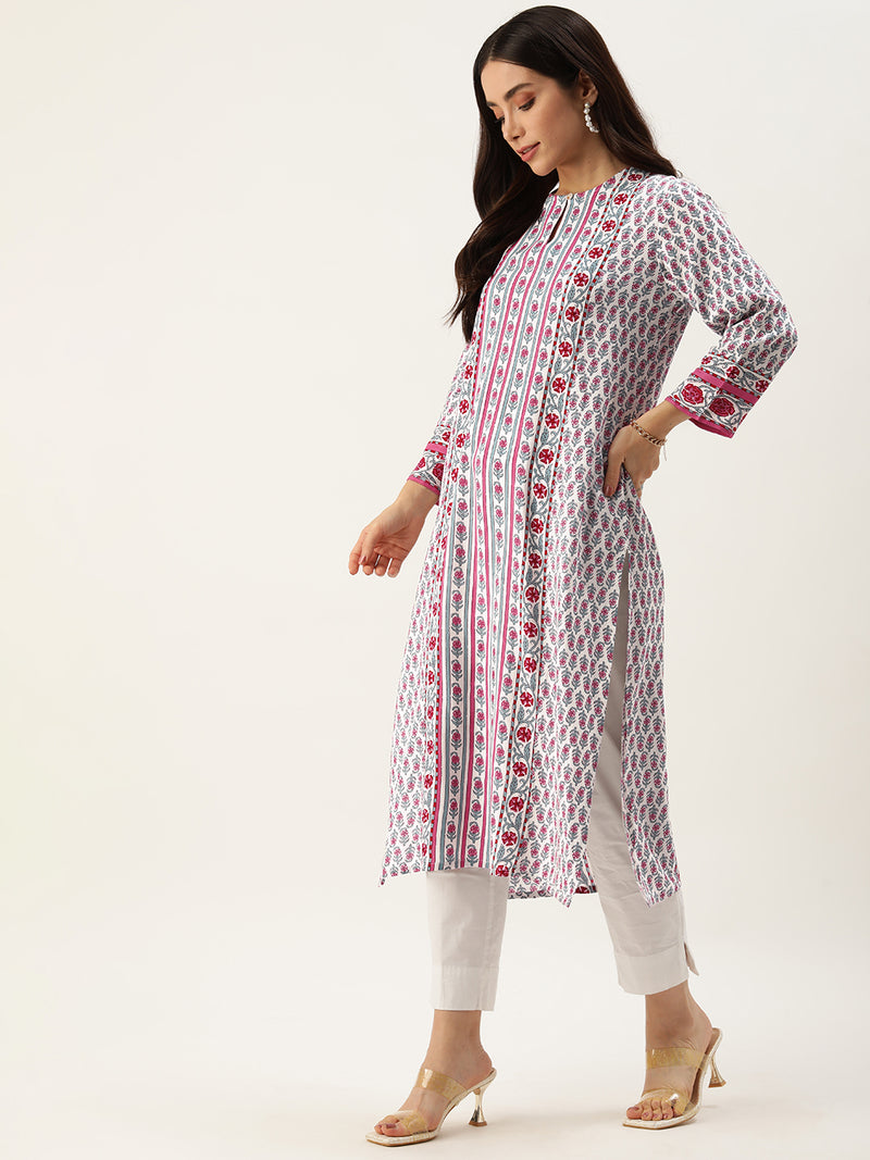 White & Pink Floral Printed Straight Kurta