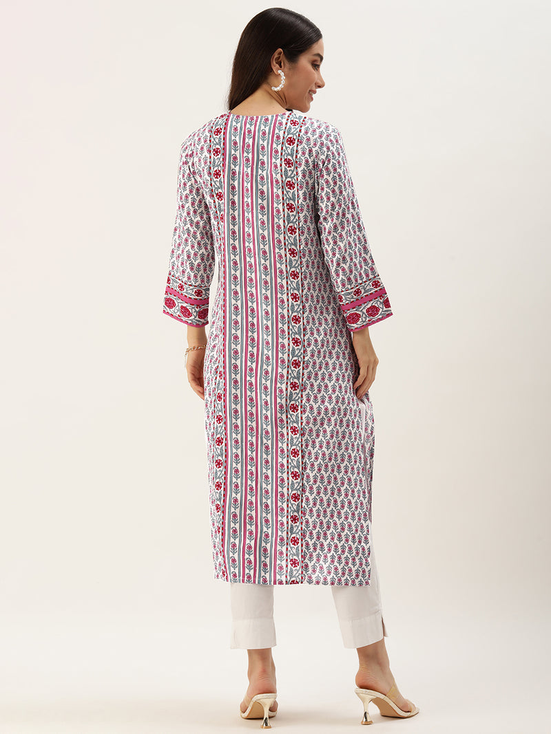 White & Pink Floral Printed Straight Kurta