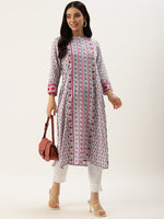 White & Pink Floral Printed Straight Kurta