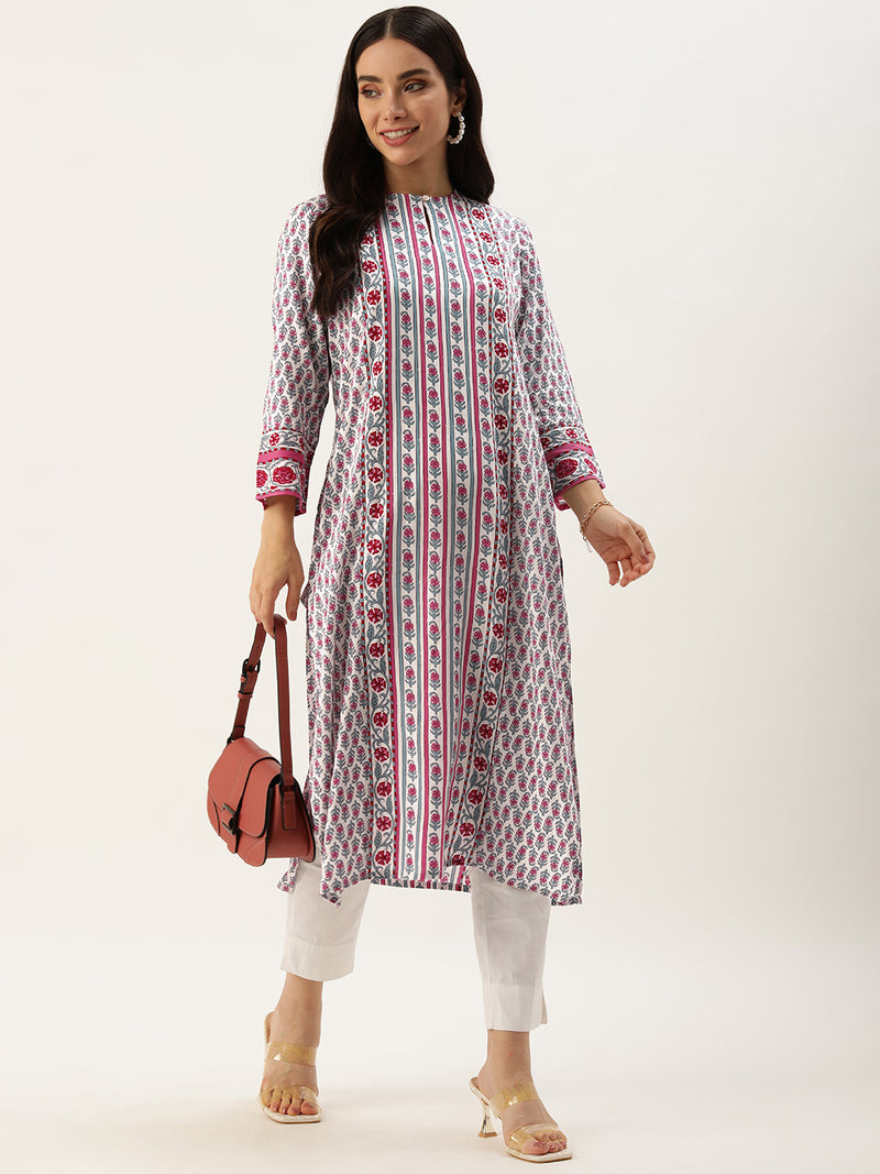 White & Pink Floral Printed Straight Kurta