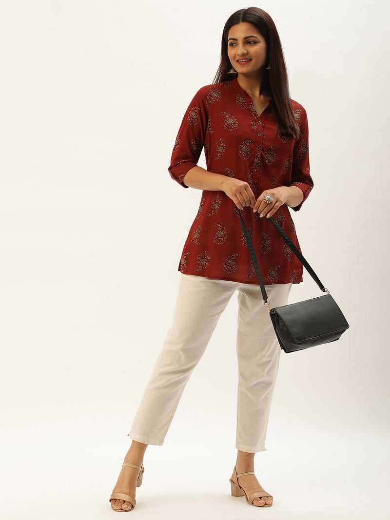 Rust & Beige Mandarin Collar Printed Ethnic Tunic