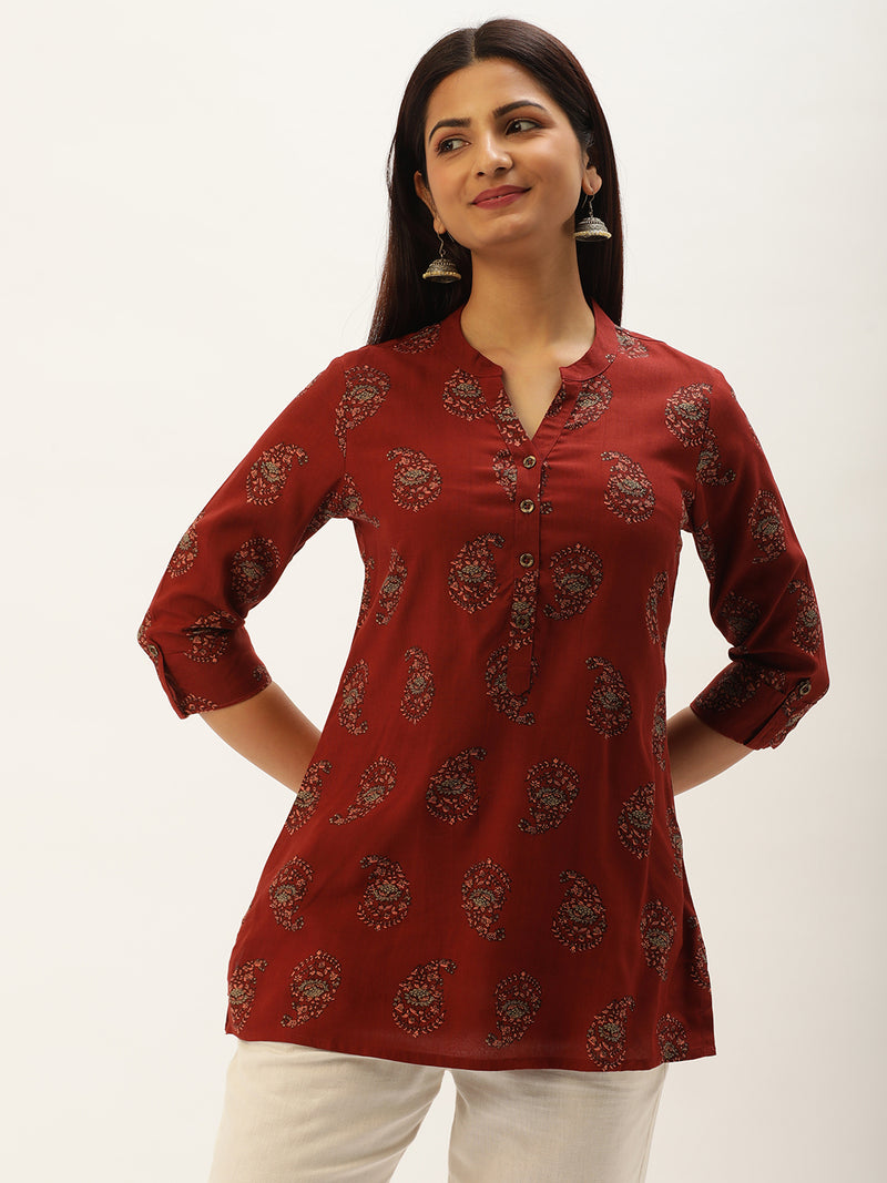 Rust & Beige Mandarin Collar Printed Ethnic Tunic