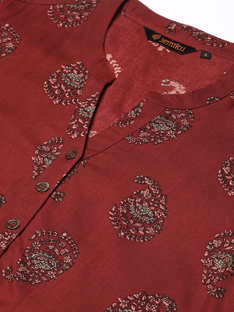 Rust & Beige Mandarin Collar Printed Ethnic Tunic