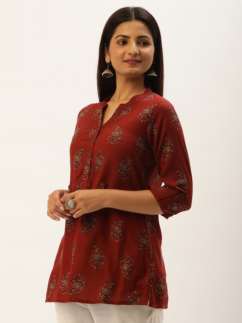 Rust & Beige Mandarin Collar Printed Ethnic Tunic