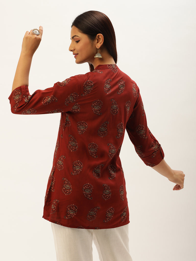 Rust & Beige Mandarin Collar Printed Ethnic Tunic