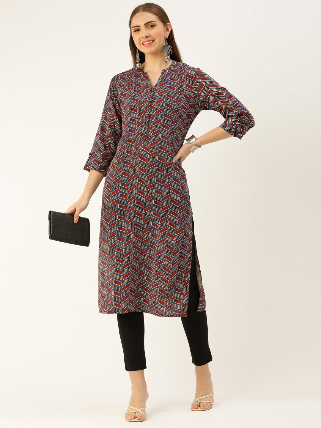 Maroon  Geometric Printed Kurta with a pocket