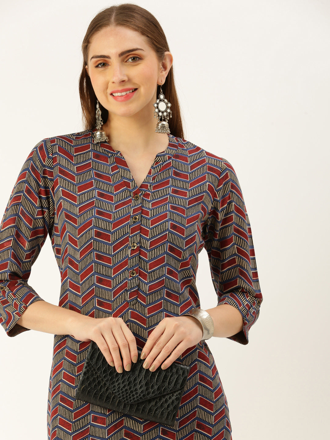 Maroon  Geometric Printed Kurta with a pocke