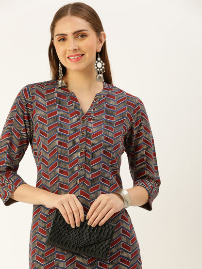 Maroon  Geometric Printed Kurta with a pocke