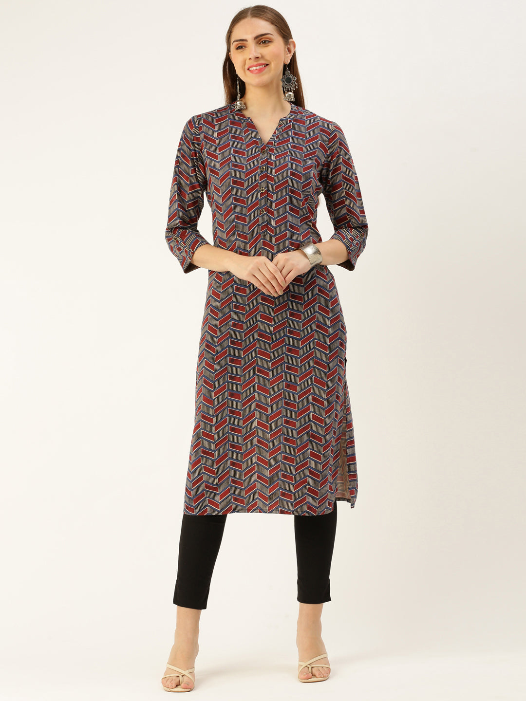 Maroon  Geometric Printed Kurta with a pocke