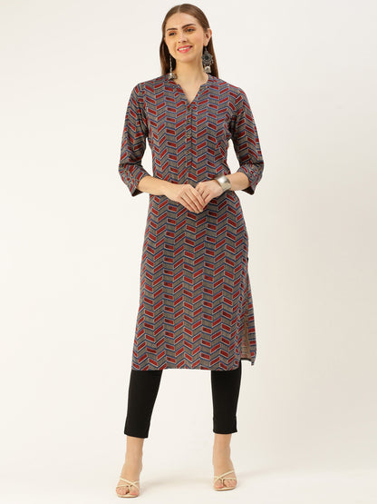 Maroon  Geometric Printed Kurta with a pocke