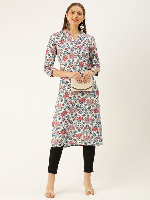 White & Multi Floral Printed Straight Rayon Kurta with a pocket 