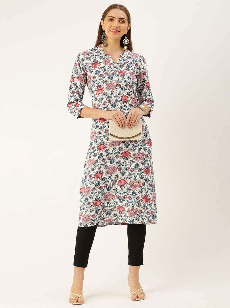 White & Multi Floral Printed Straight Rayon Kurta