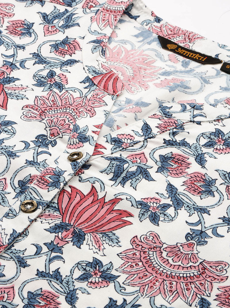White & Multi Floral Printed Straight Rayon Kurta