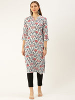 White & Multi Floral Printed Straight Rayon Kurta