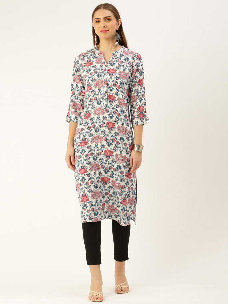White & Multi Floral Printed Straight Rayon Kurta