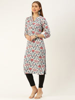 White & Multi Floral Printed Straight Rayon Kurta